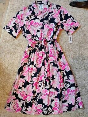 NWT 14 DKNY Pink And Navy Blue Floral Collared SS Midi Shirt Dress NEW